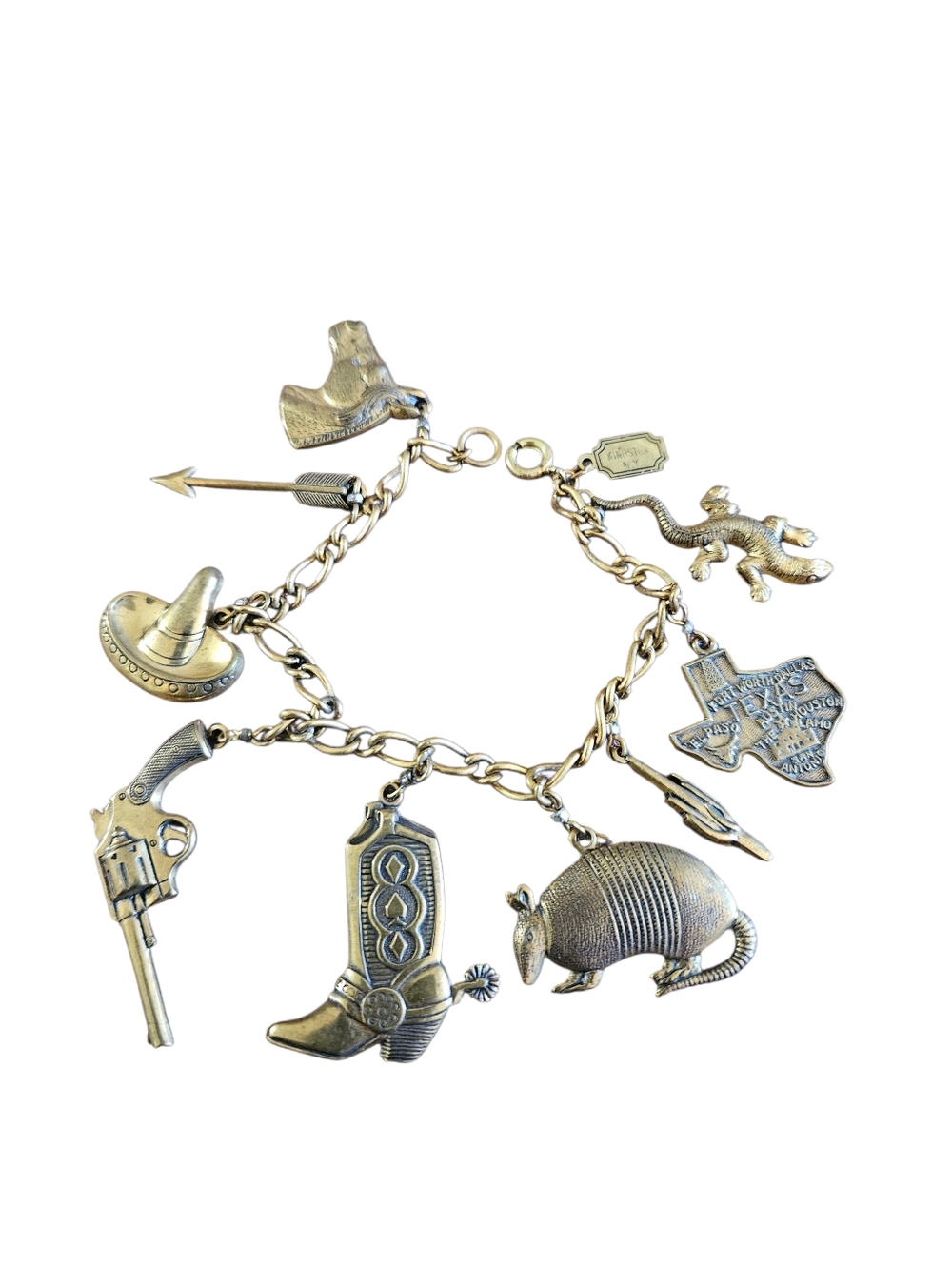 Piddly Links Texas Cowboy Charm Bracelet Stamped Brass Charms Brass Chain Vintag